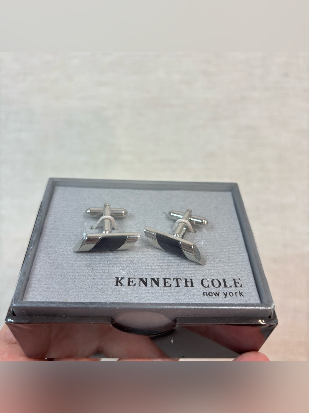 Kenneth Cole New York Silver Cufflinks with Black Inlay